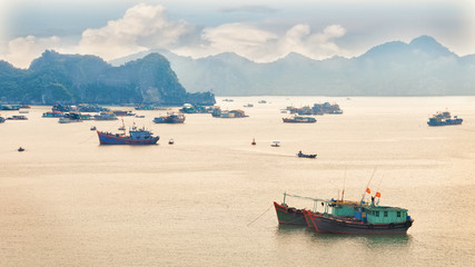 Dreamy seascape with authentic colourful boats