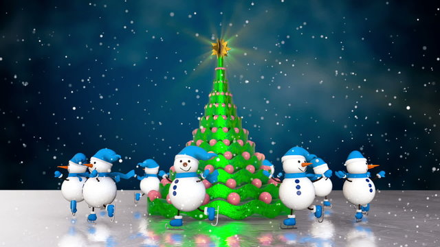 Snowmen skating round the christmas tree. Loop animation.