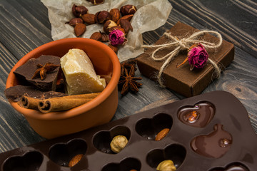 Fototapeta na wymiar Homemade chocolate candys, cocoa, cocoa butter