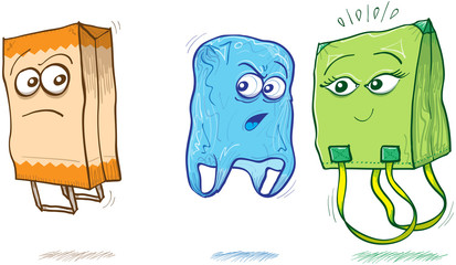 A blue plastic bag and a green fabric bag talking about a paper bag which notices that it is the subject of the conversation and how they are criticizing it. All the bags are floating above the ground