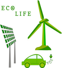 Windmill, solar battery, electric car - eco life