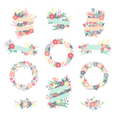 Nature flowers wreath with flowers, foliage ribbons