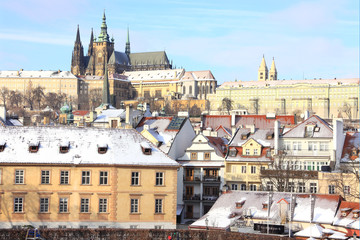 Snow in Christmas Prague City with the gothic Castle, Czech Republic