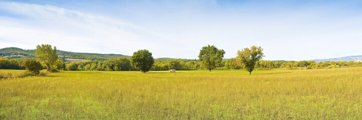 Tuscany landscape panoramic view (Italy, Tuscany, Pomarance). Panoramic image