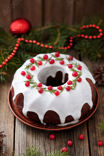 Traditional Homemade Christmas Cake Sweet Holiday Dessert With Cranberry In New Year Tree Decorations Frame On Traditional Homemade Christmas Cake Sweet Holiday Dessert With Cranberry In New Year Tree Decorations Frame On