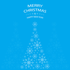 merry christmas and happy new year greeting card with white christmas tree on blue background