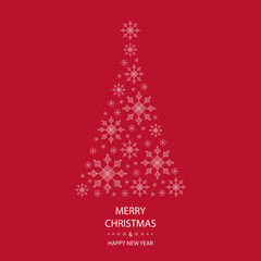Fototapeta na wymiar merry christmas and happy new year greeting card with white christmas tree on red background