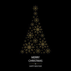 merry christmas and happy new year greeting card with gold christmas tree on black background