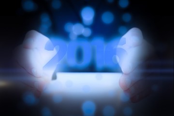 Composite image of businessman with hand out 