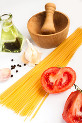 Spaghetti ingredients on a white background 