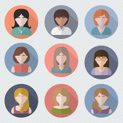 Different female faces in circle icons