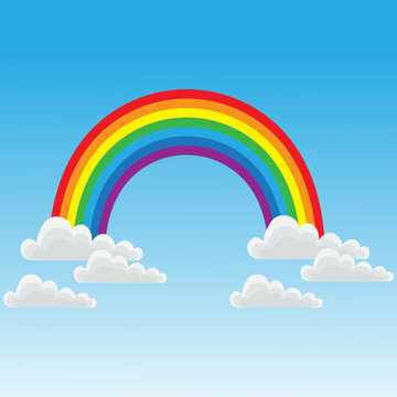 baby picture on which painted a rainbow and clouds on a blue background