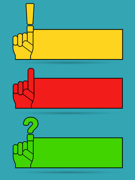 Attention, progress, question sign icon. Set of speech bubble in background. Vector hand.