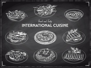 Vector hand drawn sketch international cuisine set.