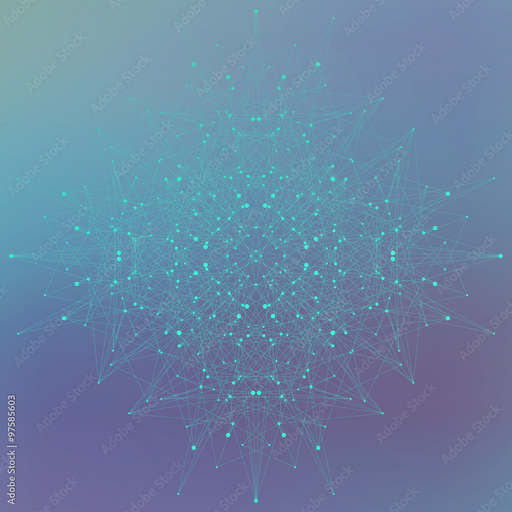 Poster geometric abstract form with connected lines and dots on blue background. vector illustration
