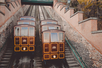 Two awesome retro trains of Castle Hill funicular in Budapest