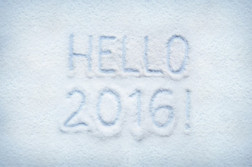 Text HELLO 2016 written on snow. Horizontal postcard.