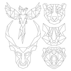 Front view of animal head triangular icon , geometric trendy line design. Vector illustration ready for tattoo or coloring book.Antelope, fox, bear, parrot. - 97587041