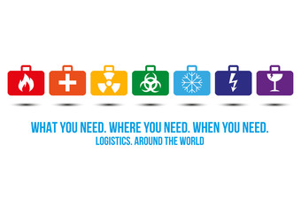 Logistics service design concept. Quick delivery of any type of cargo around the world to save clients time and money. Set of colored cases with different cargo types drawn on it.