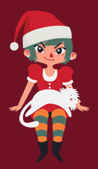 Christmas Girl Sitting with a Cat on her Lap