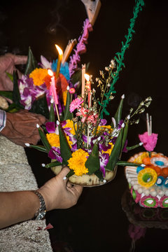 Loy Krathong festival in Thailand. The annual ceremony to apologize the God of river