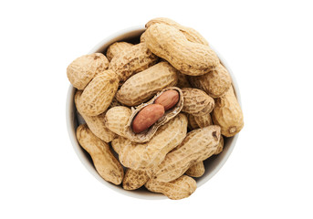 Peanut in a white bowl isolated, Clipping path