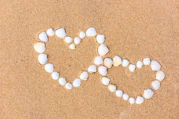 sea shell hearts on the sand beach