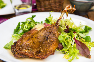 Dish with a roasted duck leg and green salad