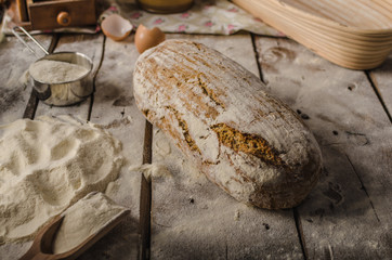 Homemade rustic bread, baked in oven