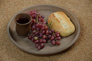 Still life with grapes, wine and bread