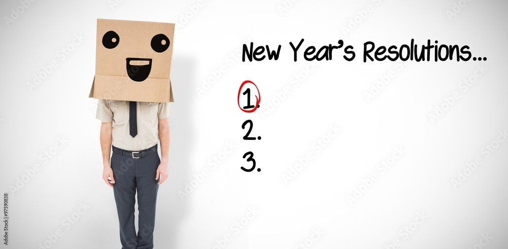 Poster Composite image of businessman standing with box on head 