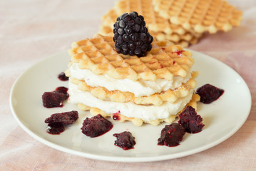 Fresh waffle with blackberries and jam on a white plate