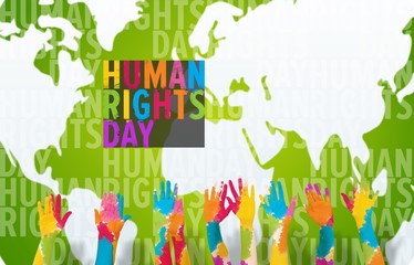 Composite image of group of people raising arms