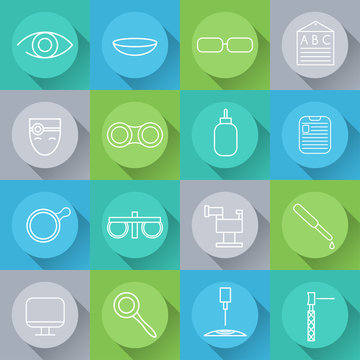 Line craft icons set of ophthalmology and optometry in flat desi