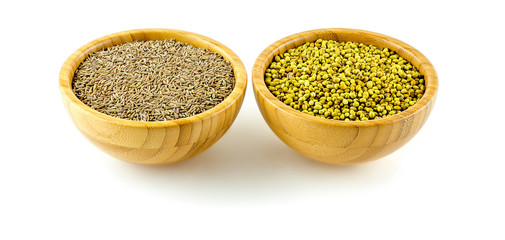 Medicinal cumin and coriander in spice bowls