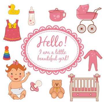 Set icons of cute baby girl. Vector