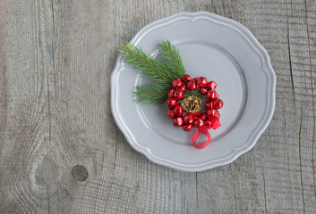 Christmas table place setting with christmas pine branches, decorations. Christmas holidays background.  Top view with copy space. Christmas menu concept.