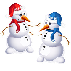 Two traditional snowman in red and blue clothes