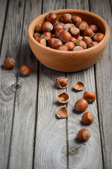 Hazelnuts in a wooden bowl