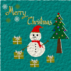 Christmas Greeting Card, Merry Christmas, Snowman, Christmas tree and gift, illustration