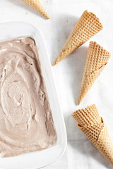 Chocolate ice cream and cones.