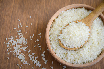 Raw basmati rice in a wooden bowl