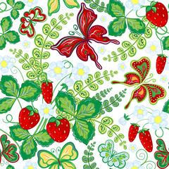 Seamless spring floral pattern with strawberries and flowers and butterflies (vector EPS 10