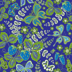 Fototapeta na wymiar Seamless spring floral pattern with strawberries and flowers and butterflies (vector EPS 10