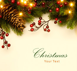 Art Christmas tree light; Christmas Background With  Fir Branch