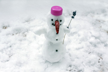 Small real snowman with pink cap and branch of lavender in hand standing on the snow during Christmas time