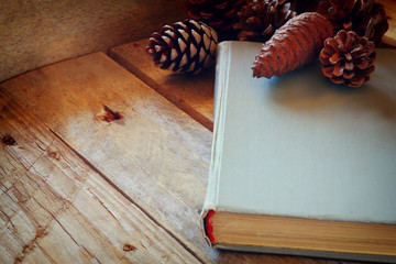 old book next to pine cones on wooden table. retro filtered. selective focus