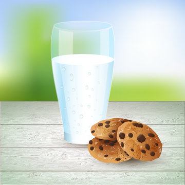 Milk and cookies illustration, chocolate chip