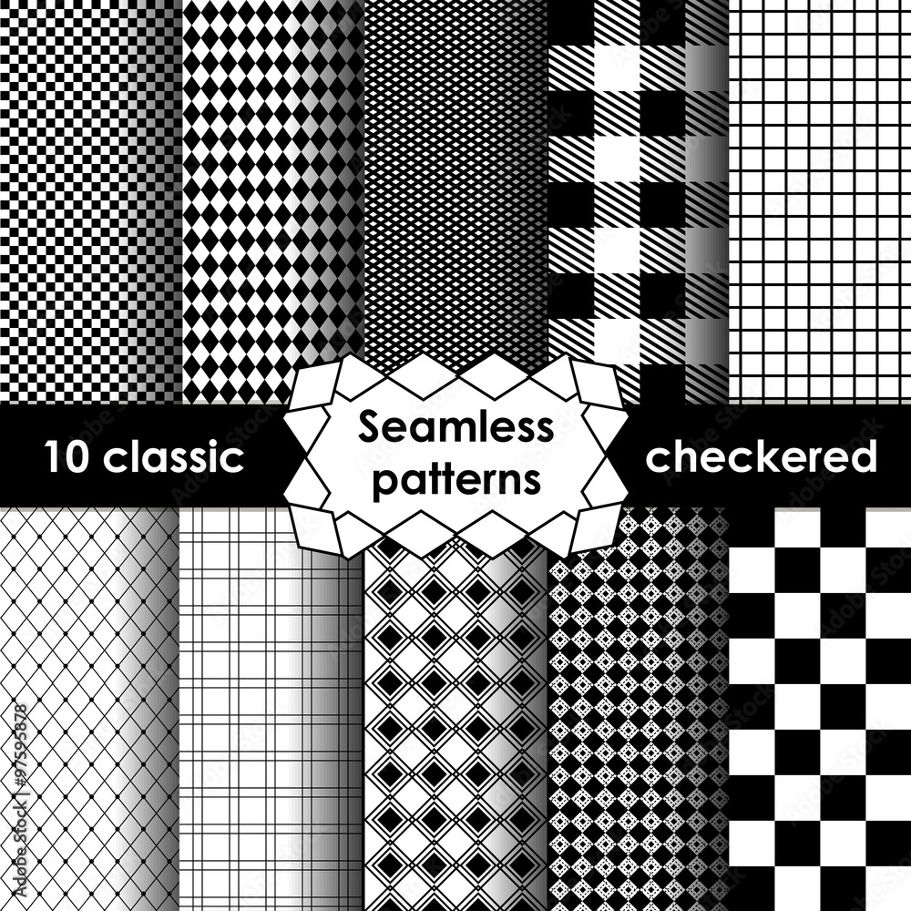 Wall mural set of checkered simple fabric seamless pattern in black and white