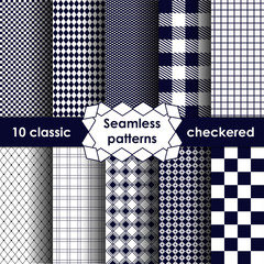 Set of checkered simple fabric seamless pattern in blue and white